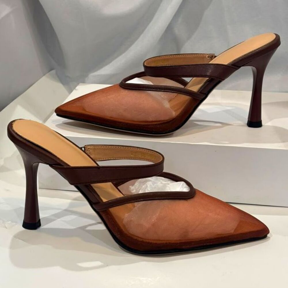 Women’s Brown Solid Pointed Toe Slip On Mule Stiletto Heels Straps 7.5 NWB